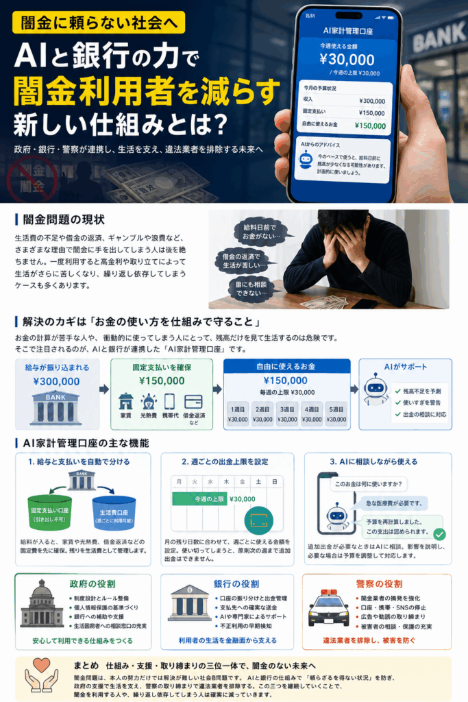 AI家計管理を活用し、政府・銀行・警察の連携によって闇金利用者を減らし、給料と生活を守る新しい仕組みを表したアイキャッチ画像