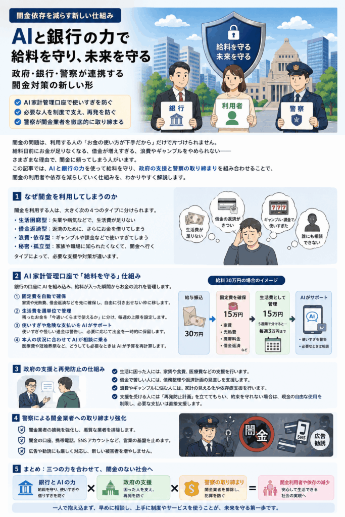 AI家計管理を活用し、政府・銀行・警察の連携で闇金利用者を減らし、給料と生活を守る新しい仕組みを表したアイキャッチ画像