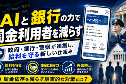 AI家計管理と銀行・政府・警察の連携で、闇金利用者を減らし給料を守る新しい仕組みを表したアイキャッチ画像
