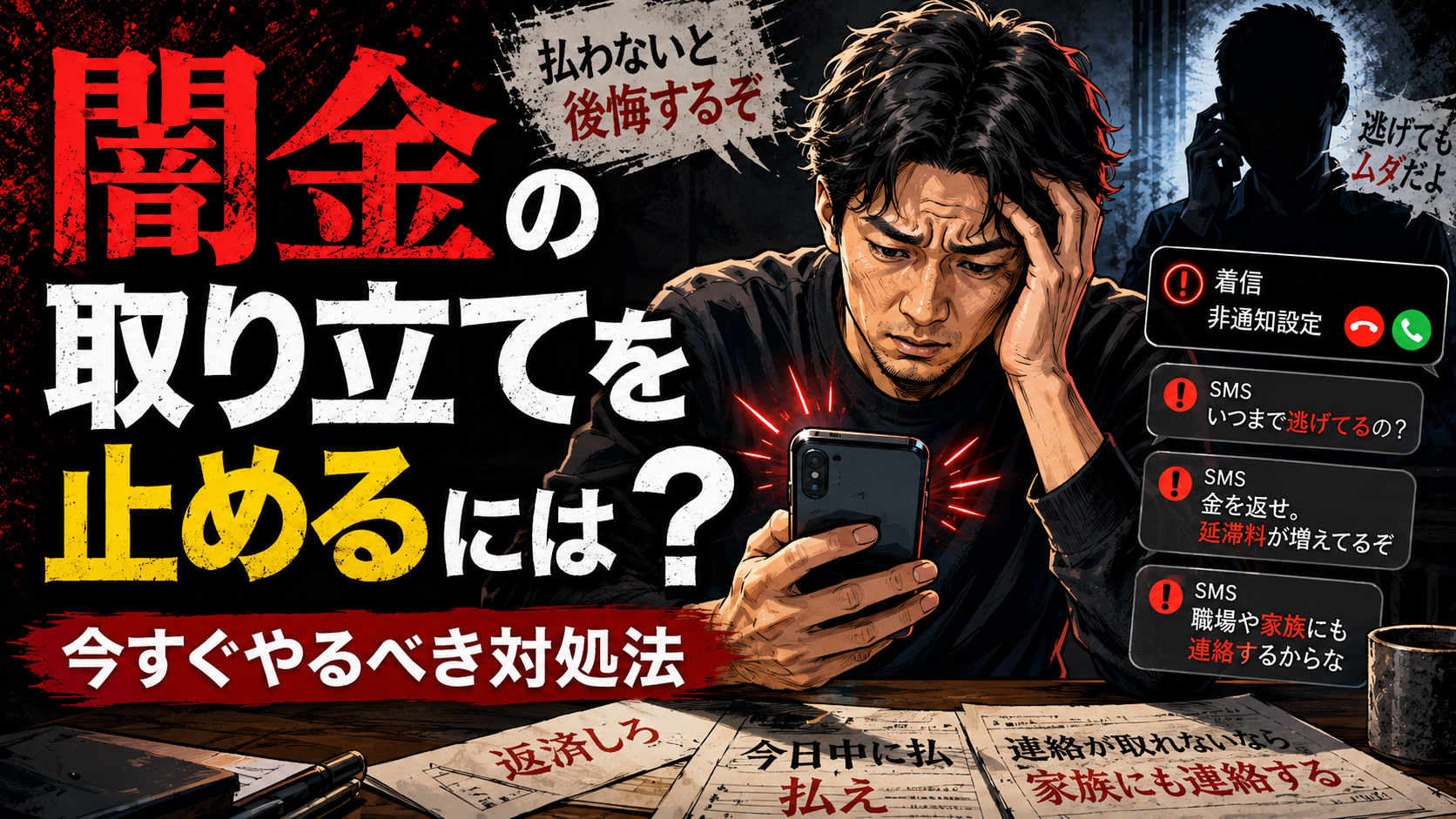 闇金からの取り立てに悩む男性がスマホの着信や脅迫メッセージに不安を感じているイラスト