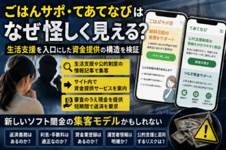 ごはんサポとてあてなびのサイト画面、悩む女性、現金と警告マークを配置し、生活支援を入口にした資金提供の構造を検証する記事内容を表したアイキャッチ画像。
