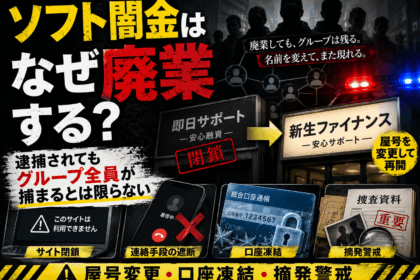 ソフト闇金が廃業後に屋号を変更して再開する可能性や、口座凍結・連絡手段の遮断・摘発警戒を示した注意喚起画像