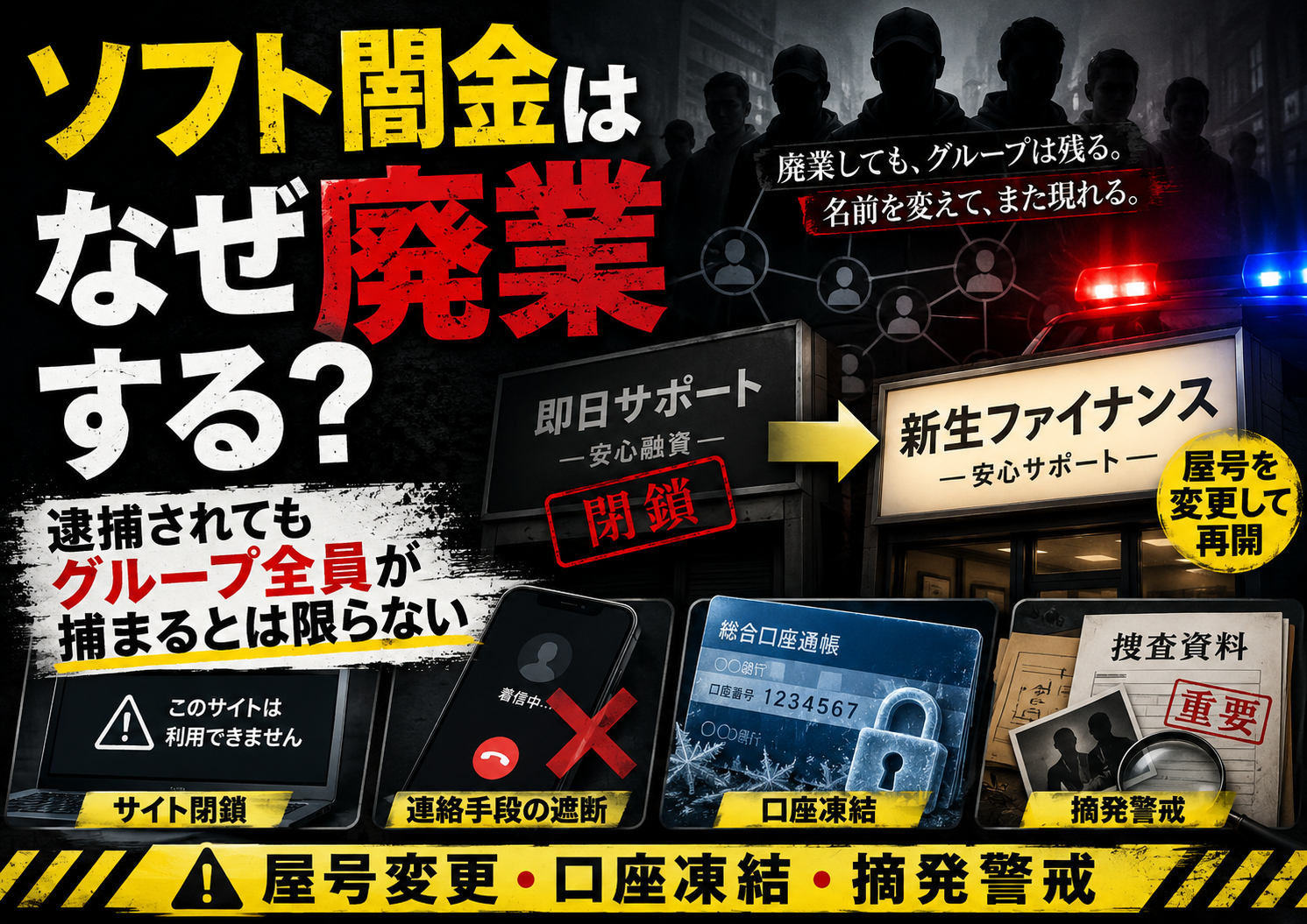ソフト闇金が廃業後に屋号を変更して再開する可能性や、口座凍結・連絡手段の遮断・摘発警戒を示した注意喚起画像