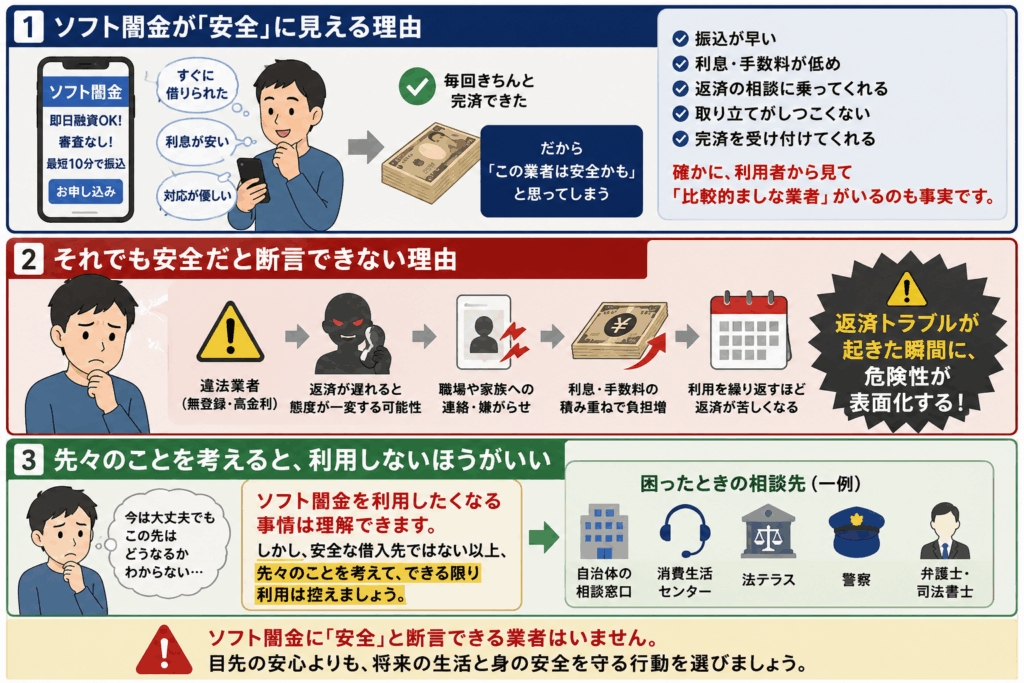 ソフト闇金は安全な借入先ではないため、利用を避け、自治体や消費生活センター、法テラス、警察、専門家へ相談することを勧める画像