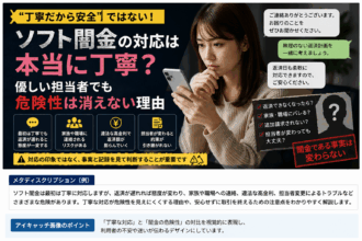 「ソフト闇金の対応は本当に丁寧?」という見出しとともに、スマートフォンを見て不安そうにする女性、丁寧なメッセージ、返済遅延や家族・職場への連絡、違法な高金利、担当者変更の危険を示したアイキャッチ画像。