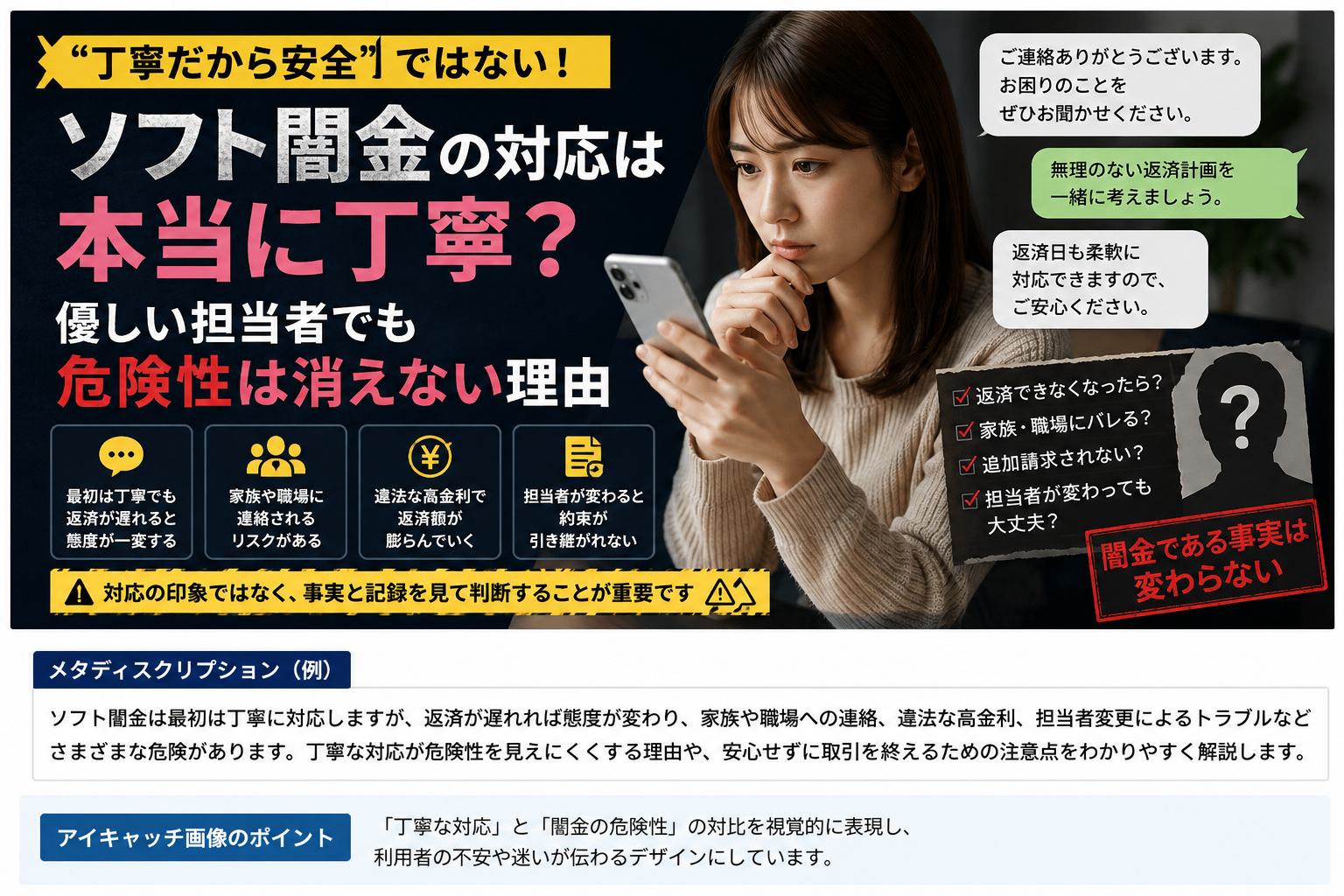 「ソフト闇金の対応は本当に丁寧？」という見出しとともに、スマートフォンを見て不安そうにする女性、丁寧なメッセージ、返済遅延や家族・職場への連絡、違法な高金利、担当者変更の危険を示したアイキャッチ画像。