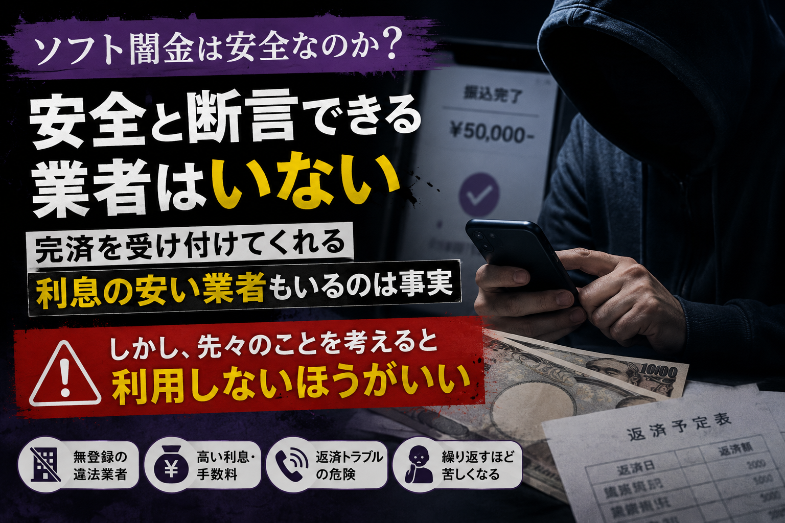 ソフト闇金は安全と断言できる業者はいないと警告し、完済対応や低い利息をうたう業者でも将来的な返済トラブルや高額負担の危険があることを示すアイキャッチ画像