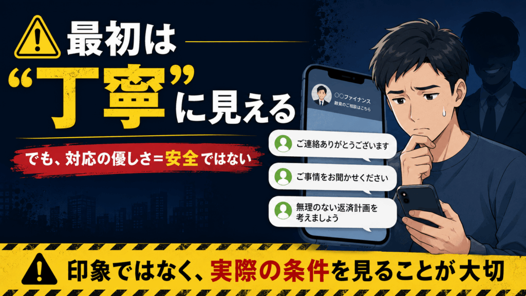 丁寧なLINE対応を受けて安心しかける男性と、「対応の優しさは安全ではない」と警告するソフト闇金の注意喚起画像。