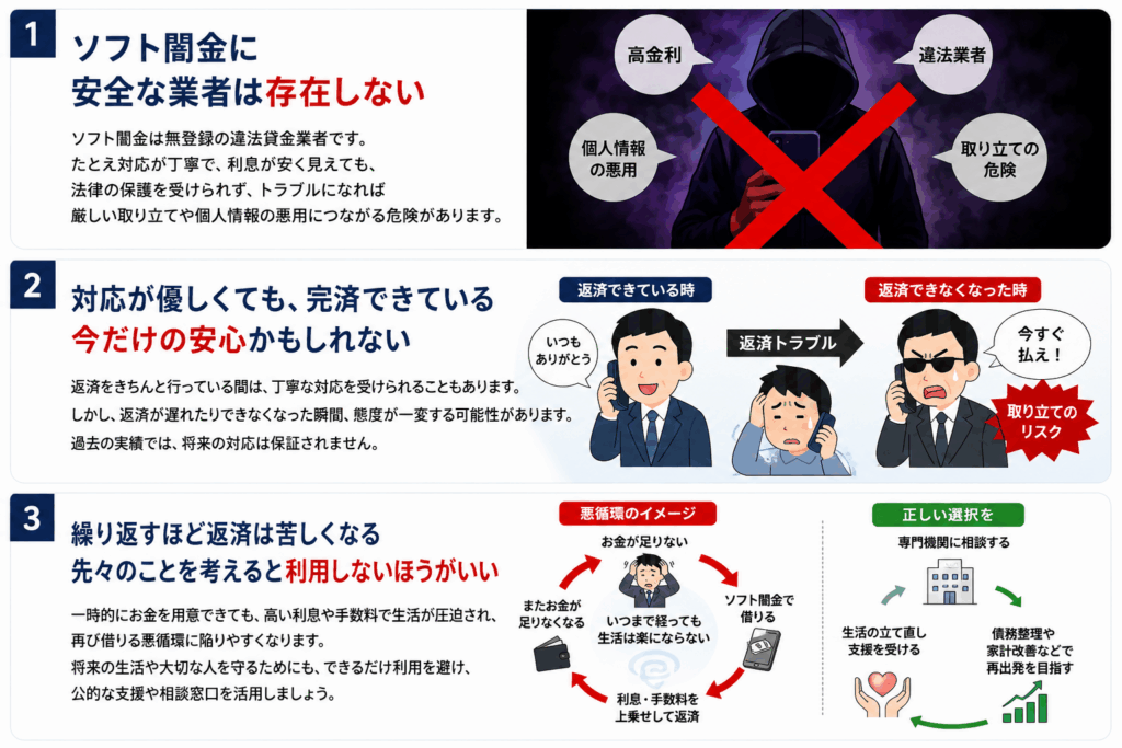 ソフト闇金への返済が遅れると、業者の態度が変わり、家族や勤務先への連絡、高額な請求などの危険が表面化する様子を示した画像
