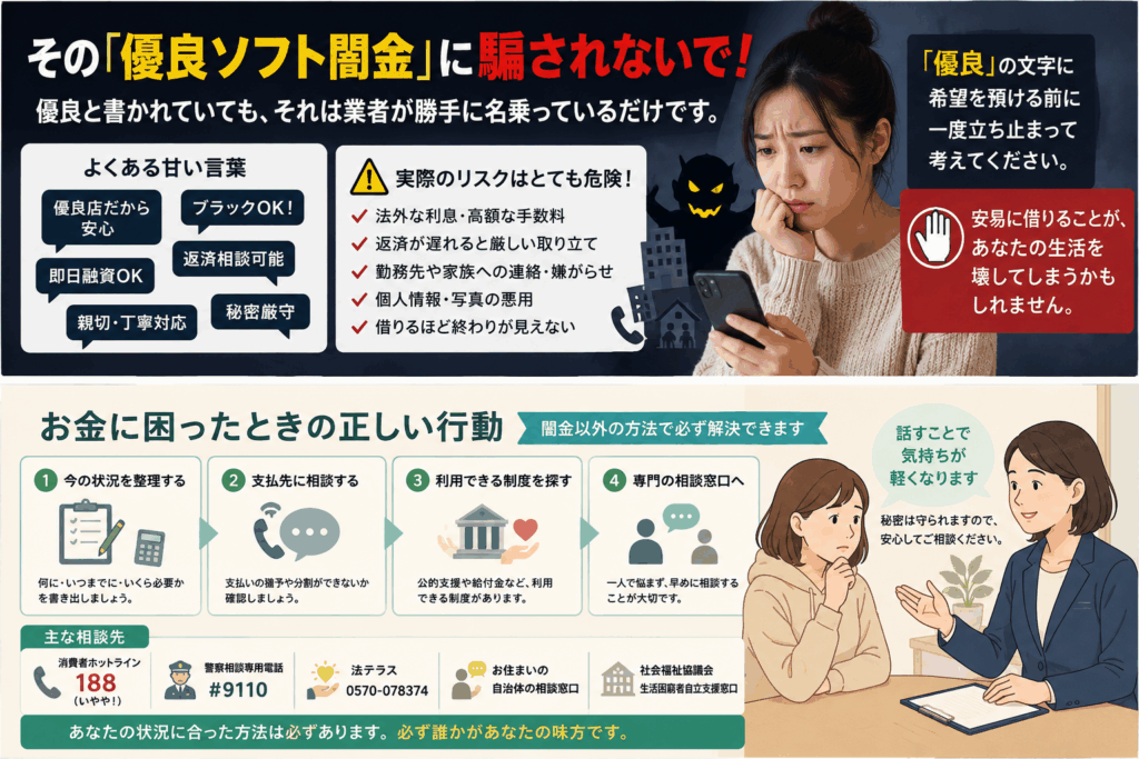「優良ソフト闇金の危険な取り立てや個人情報悪用のリスクを示し、お金に困ったときの正しい相談手順を解説するイラスト」