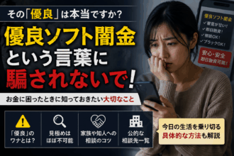 『優良ソフト闇金』という言葉に騙されないよう注意を促すアイキャッチ画像。スマホを見て不安そうな女性の横に、ソフト闇金の“優良”表現への警戒や、相談先・対処法を解説する内容が大きく表示されている。