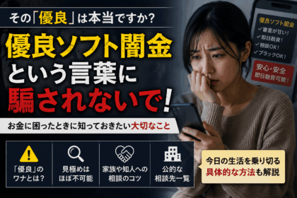 『優良ソフト闇金』という言葉に騙されないよう注意を促すアイキャッチ画像。スマホを見て不安そうな女性の横に、ソフト闇金の“優良”表現への警戒や、相談先・対処法を解説する内容が大きく表示されている。