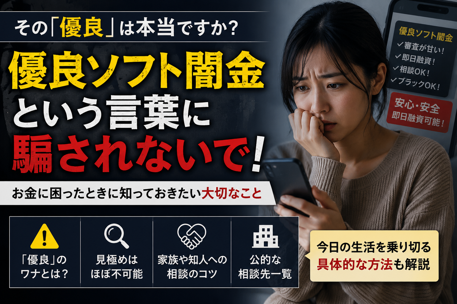『優良ソフト闇金』という言葉に騙されないよう注意を促すアイキャッチ画像。スマホを見て不安そうな女性の横に、ソフト闇金の“優良”表現への警戒や、相談先・対処法を解説する内容が大きく表示されている。