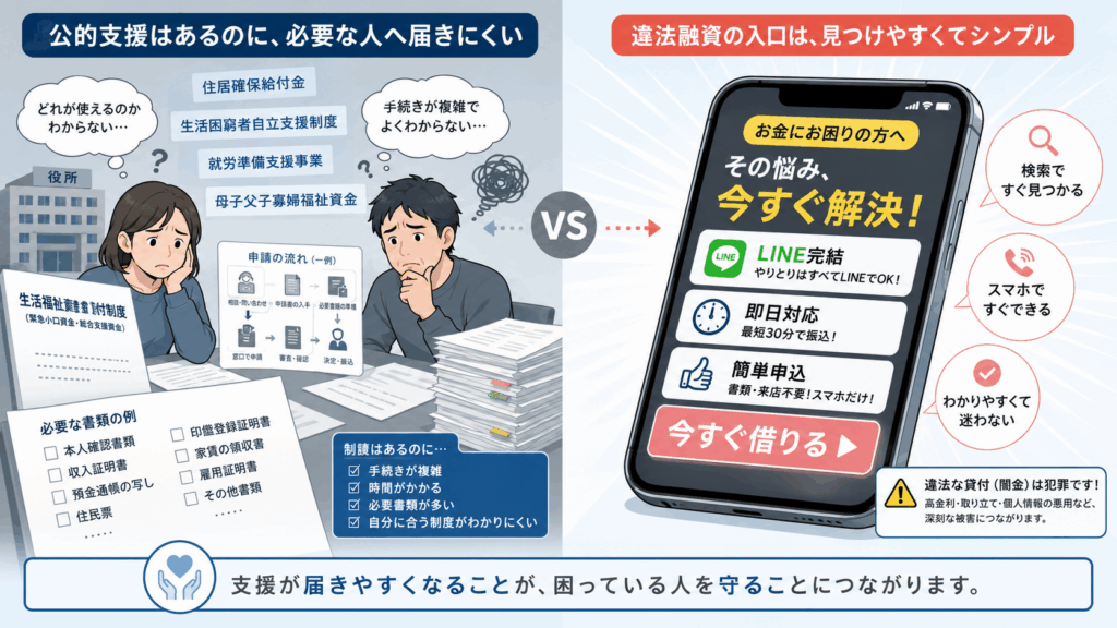 公的支援があっても、必要な人にその支援があることが届かない。それを知らず資金繰りに急ぐ人たちは闇金の即日対応などの文言に引き寄せられる。