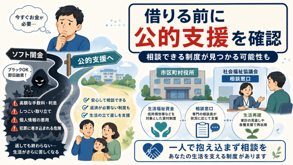 ソフト闇金ではなく、市区町村役所や社会福祉協議会の公的支援へ相談する選択肢を示した案内イラスト