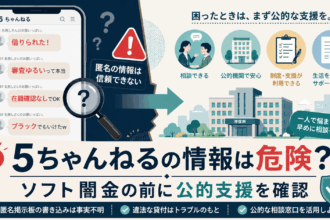 5ちゃんねるの匿名投稿と公的支援を比較し、ソフト闇金を利用する前に相談窓口を確認するよう促す注意喚起イラスト