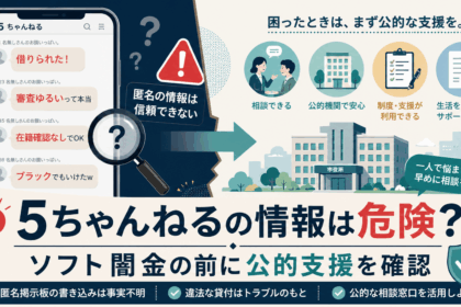 5ちゃんねるの匿名投稿と公的支援を比較し、ソフト闇金を利用する前に相談窓口を確認するよう促す注意喚起イラスト