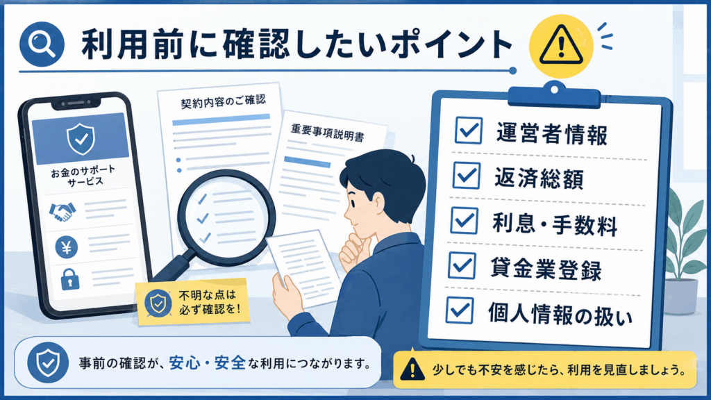 運営者情報、返済総額、利息・手数料、貸金業登録、個人情報の扱いなど、利用前に確認したいポイントをチェックリスト形式で示したイラスト。