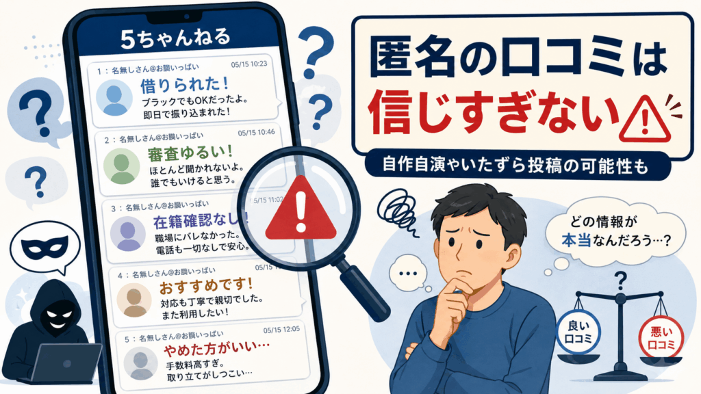 5ちゃんねるの匿名投稿を見比べ、自作自演やいたずら投稿の可能性に悩む利用者を描いた注意喚起イラスト