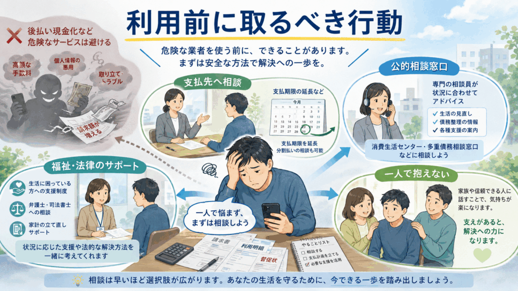 後払い現金化を利用する前に取るべき行動を示した図。支払先への相談、公的相談窓口、福祉や法律の支援、家族や信頼できる人への相談を案内している。
