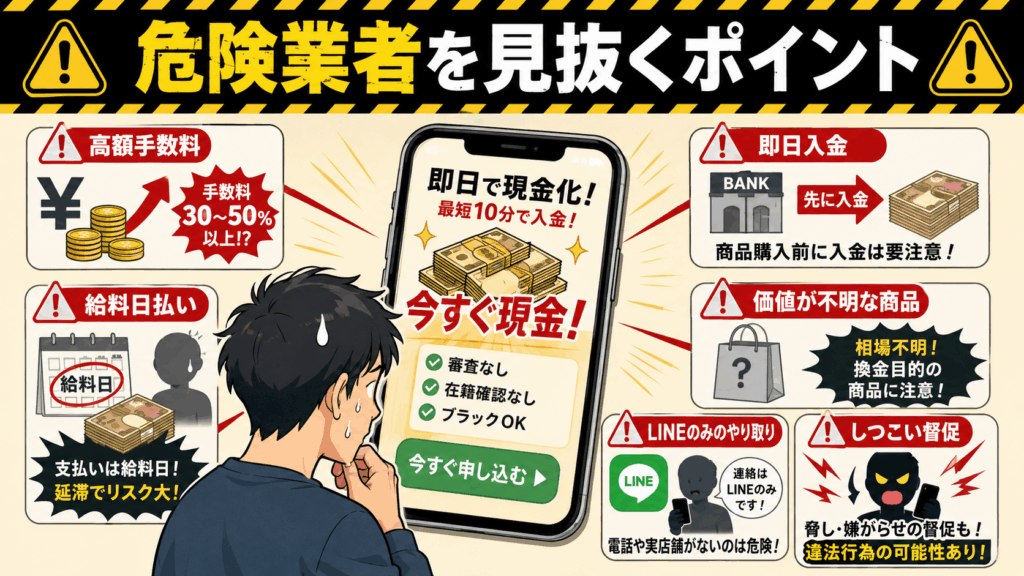 危険な後払い現金化業者を見抜くポイントをまとめた図。高額手数料、即日入金、給料日払い、価値が不明な商品、LINEのみのやり取り、しつこい督促に注意を促している。