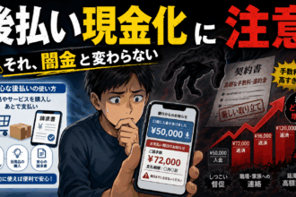 後払い現金化の危険性を示すイラスト。現金5万円の入金後に7万2千円を請求され、不安そうにスマートフォンを見る男性と、高額手数料や厳しい取り立て、返済額の増加を表現している。