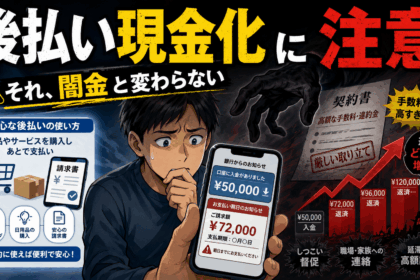 後払い現金化の危険性を示すイラスト。現金5万円の入金後に7万2千円を請求され、不安そうにスマートフォンを見る男性と、高額手数料や厳しい取り立て、返済額の増加を表現している。