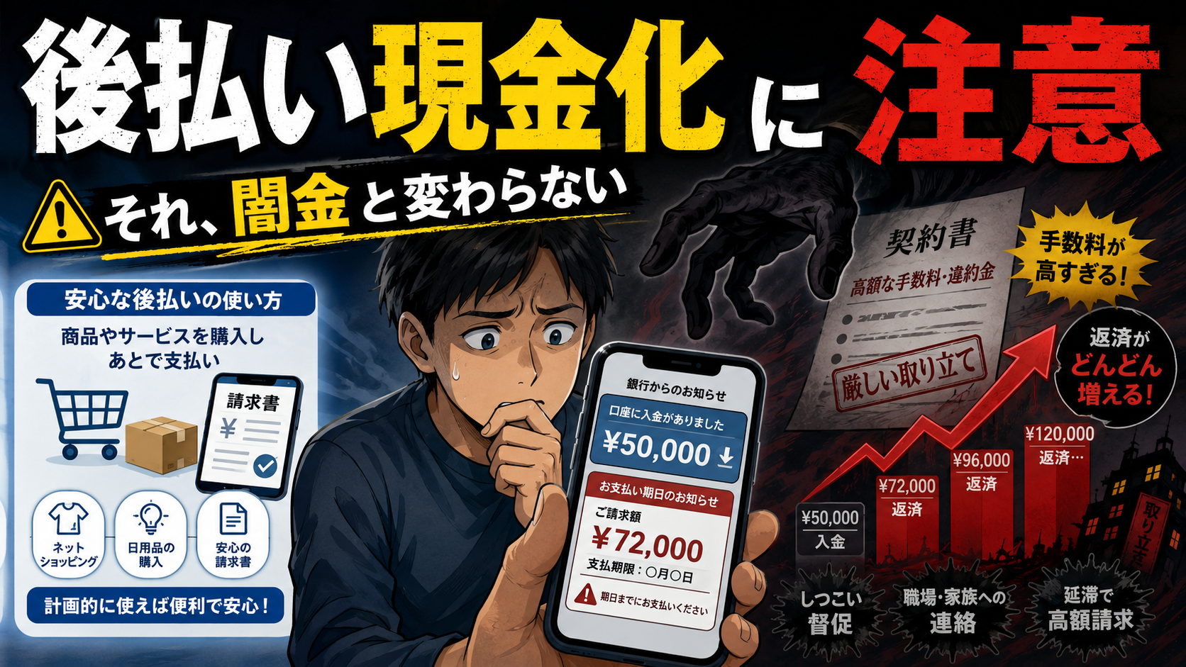 後払い現金化の危険性を示すイラスト。現金5万円の入金後に7万2千円を請求され、不安そうにスマートフォンを見る男性と、高額手数料や厳しい取り立て、返済額の増加を表現している。