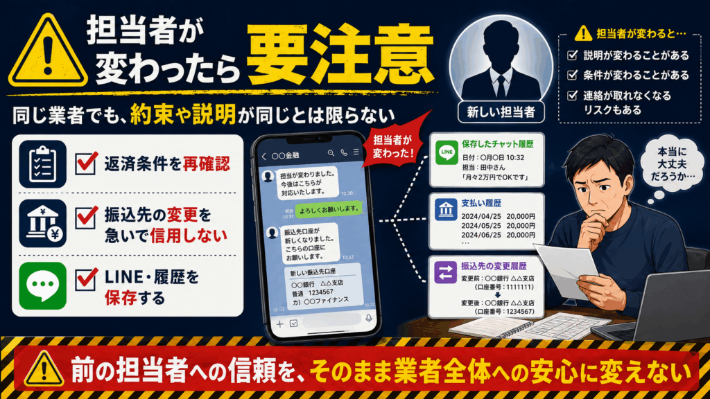 ソフト闇金の担当者変更後に返済条件や振込先が変わる危険を示し、LINE履歴や支払い記録の保存を促す注意喚起画像。