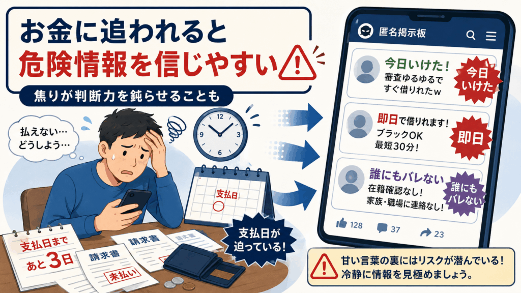 支払期限や請求書に追われた人が、5ちゃんねるの「即日融資」などの投稿に引き寄せられる危険を描いたイラスト