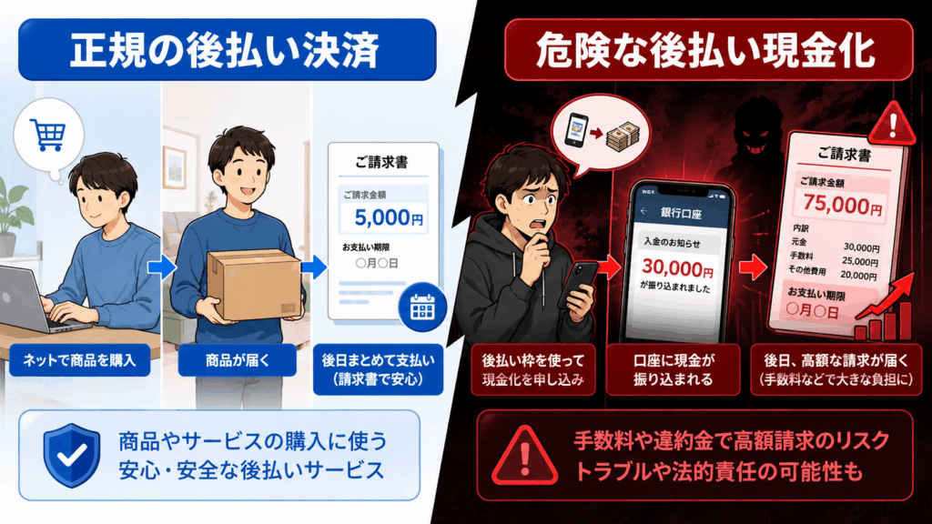 正規の後払い決済と危険な後払い現金化を比較した図。商品を受け取って後日支払う仕組みと、現金3万円の入金後に7万5千円を請求される危険な取引の違いを示している。
