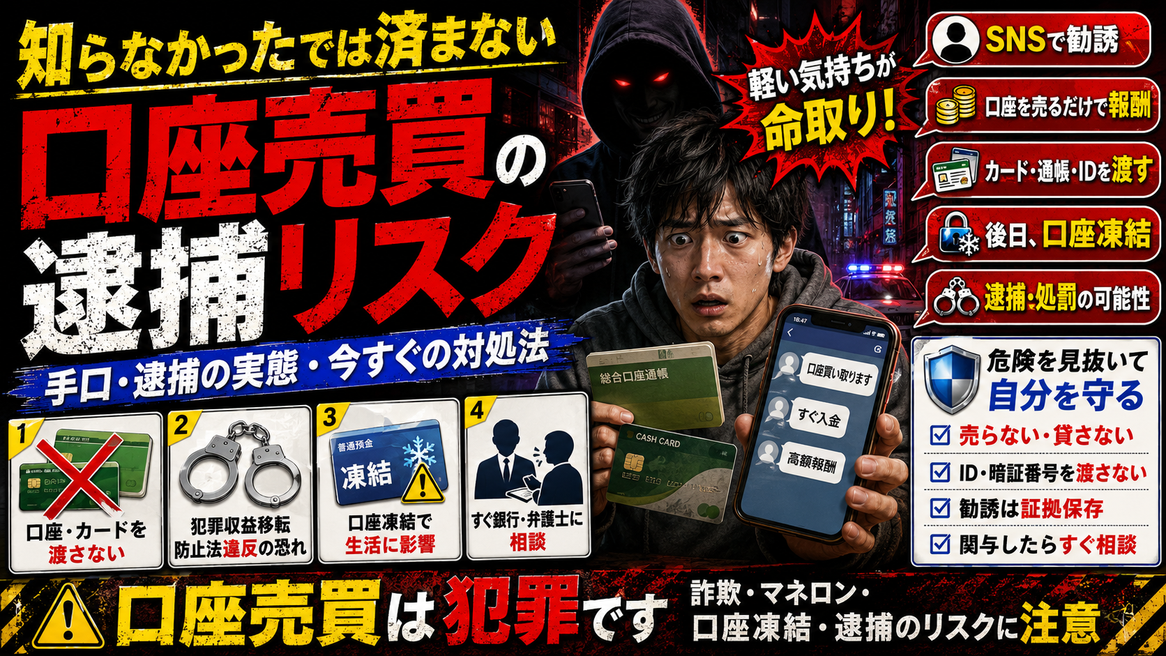 口座の売買は犯罪です。借金の返済の代わりに口座を闇金業者へ渡しても、実際は口座売買と同じ。渡した口座だけでなく、自身の既存の口座も凍結の恐れがあるので十分な注意が必要。