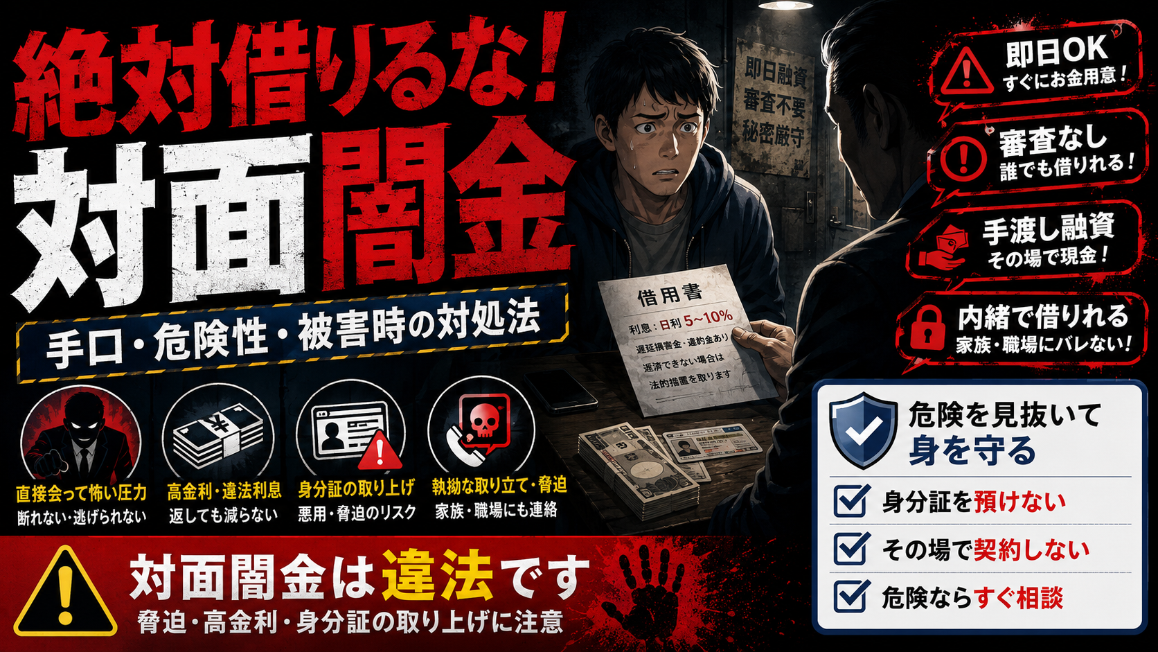 闇金から対面で借り入れをしてしまうと、返済トラブルが起きた時、対面融資だと身体的に攻撃される恐れがありかなり危険。はじめから借り入れをしないほうがいい。