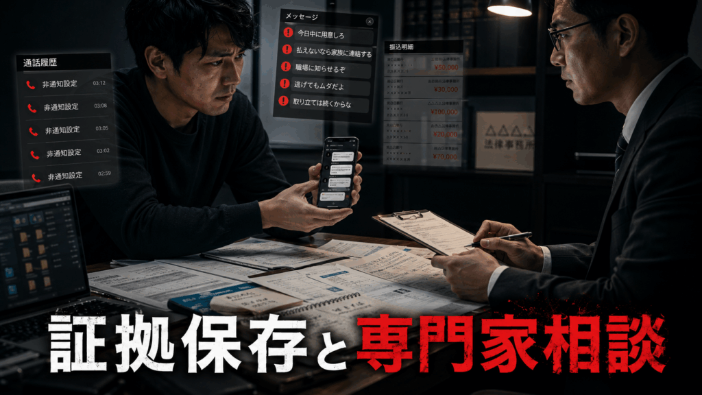 闇金からの脅迫メッセージや通話履歴を証拠として保存し、専門家に相談する男性のイメージ