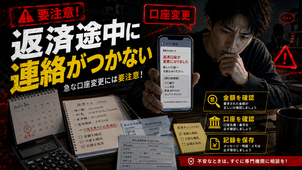 ソフト闇金の返済途中に、ソフト闇金と連絡がつかなくなった時の注意喚起の画像。