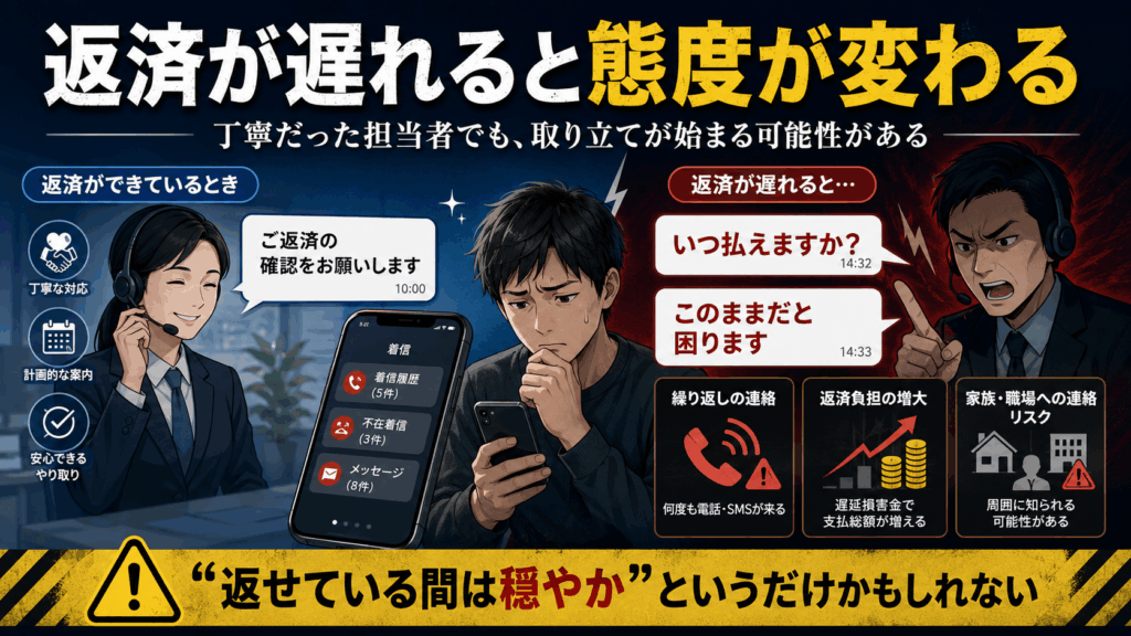 返済中は穏やかだった担当者が、返済遅延後に強い口調へ変わり、電話や追加請求、家族・職場への連絡リスクを示す画像。