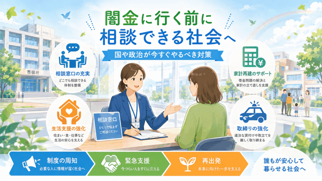闇金に行く前に相談が簡単にできる社会をつくるために、国や政治は今すぐにでも広告やSNS、相談場所や相談の時間帯を見直すべき。そうすることによって闇金利用者は減っていくと思われる。