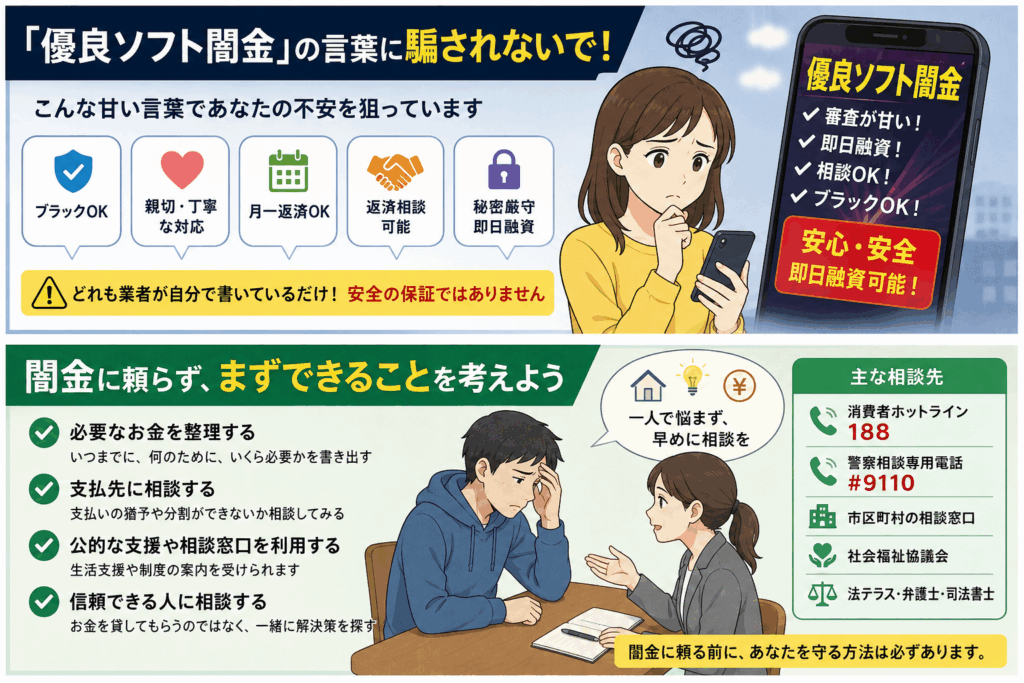 『優良ソフト闇金』の甘い宣伝文句に注意を促し、必要なお金の整理や支払先への相談、公的支援の利用を案内するイラスト
