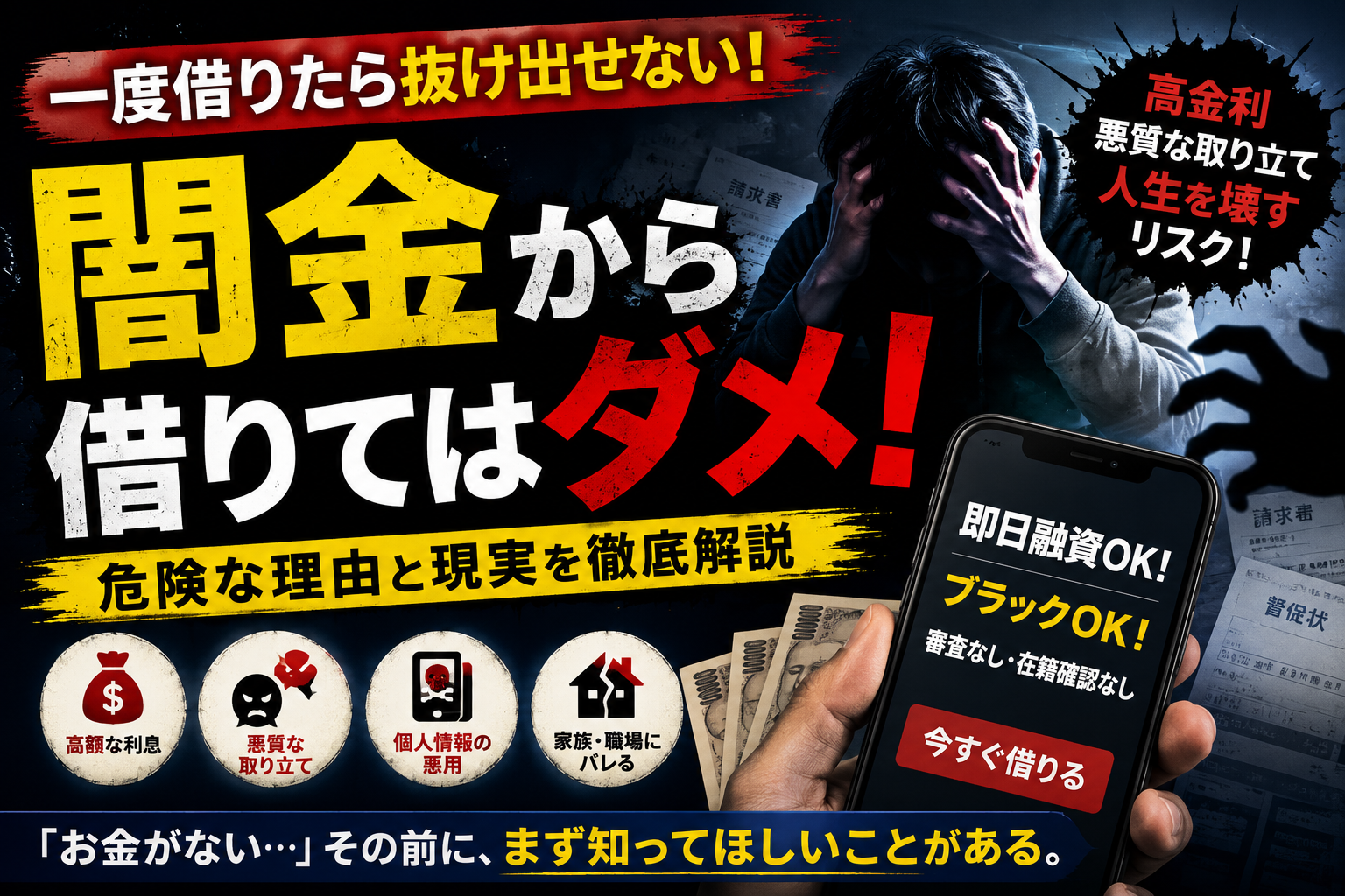 闇金から借りる危険性を訴えるアイキャッチ画像。借金に追い詰められて頭を抱える人物、即日融資をうたうスマートフォン画面、高金利・悪質な取り立て・個人情報の悪用・家族や職場への影響といったリスクを強調している。