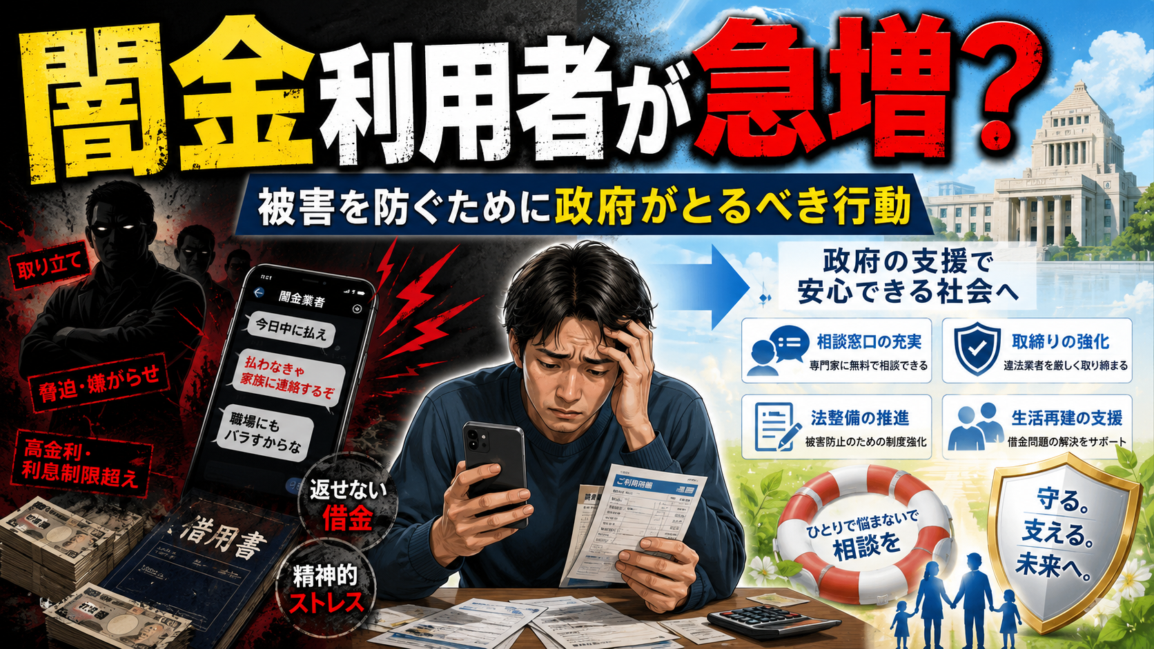 闇金利用者が減らない急増する理由は、簡単にブラックリストに登録されるから。政府も警察も闇金利用者を減らしたいのであれば公的支援などをもっと大々的にアピールすべきだし、ブラックリストに簡単にならない制度をつくるべき。