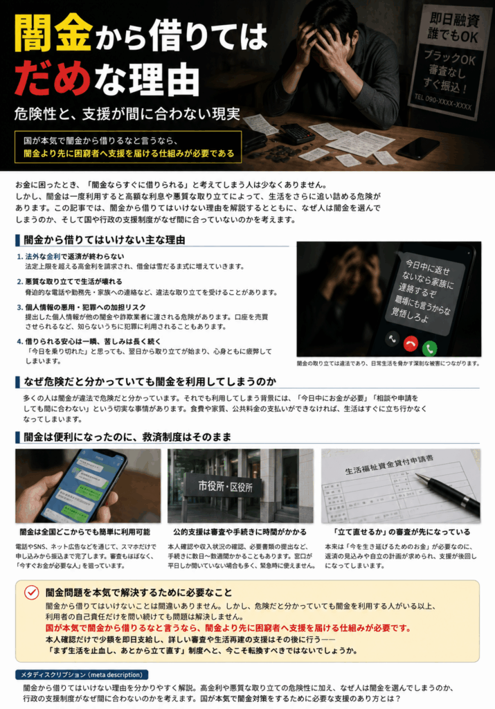 闇金の危険性を伝える記事のアイキャッチ画像。お金に困って悩む人物と、闇金の勧誘を示すスマートフォン画面を組み合わせ、借り入れの危険を表現している。