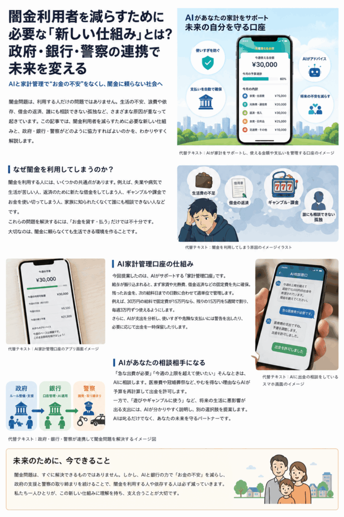 AI家計管理と銀行・政府・警察の連携によって、闇金利用者を減らし、給料と生活を守る新しい仕組みを表したアイキャッチ画像