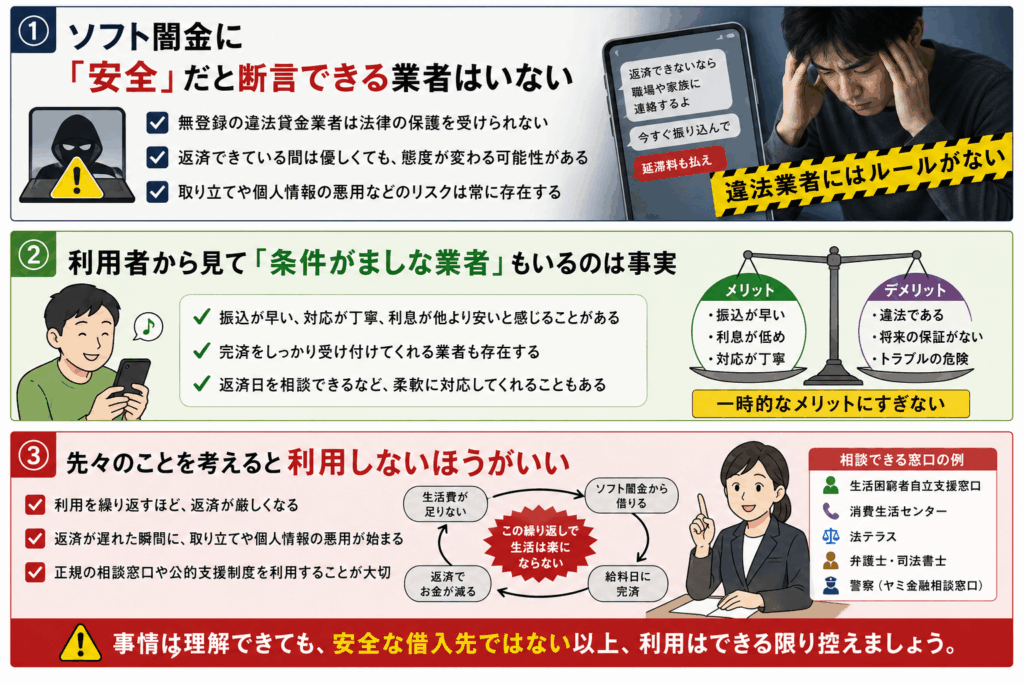 振込の早さや低い利息、丁寧な対応、完済できた経験によって、利用者がソフト闇金を安全だと感じてしまう理由を説明した画像