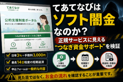 てあてなびの「つなぎ資金サポート」を検証するアイキャッチ画像。公的支援サイトのような見た目と、日率3%・手数料3,000円・最長14日程度の短期返済という条件を対比し、ソフト闇金との共通点に注意を促している。