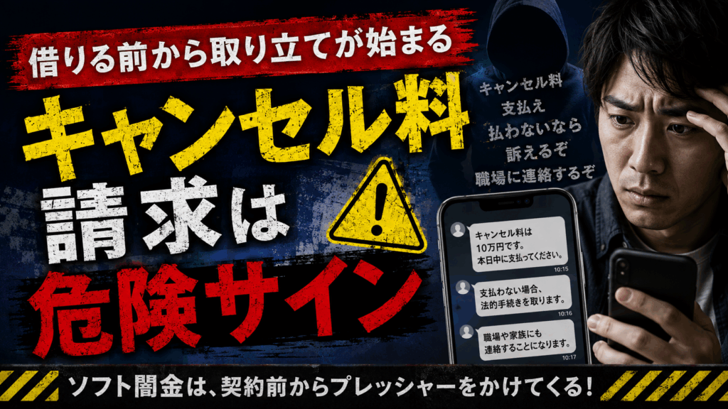 ソフト闇金から高額なキャンセル料を請求され、勤務先や家族への連絡を示唆するメッセージに不安を感じる男性。