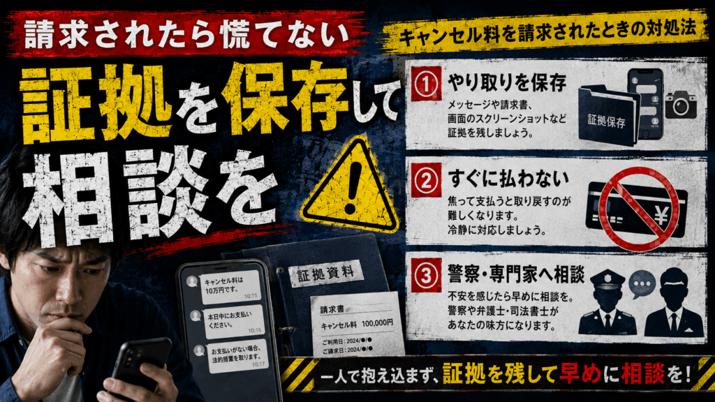ソフト闇金からキャンセル料を請求された際に、やり取りを保存し、すぐに支払わず、警察や専門家へ相談する対処法を示す画像。
