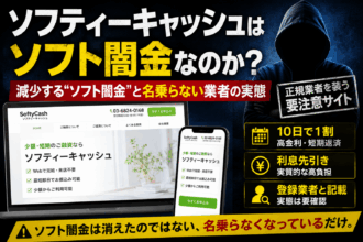 ソフティーキャッシュはソフト闇金なのかを検証する記事のアイキャッチ画像。10日で1割、利息先引き、正規業者を装う要注意サイトという特徴を示している。