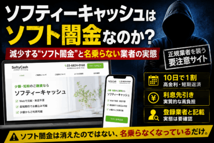 ソフティーキャッシュはソフト闇金なのかを検証する記事のアイキャッチ画像。10日で1割、利息先引き、正規業者を装う要注意サイトという特徴を示している。