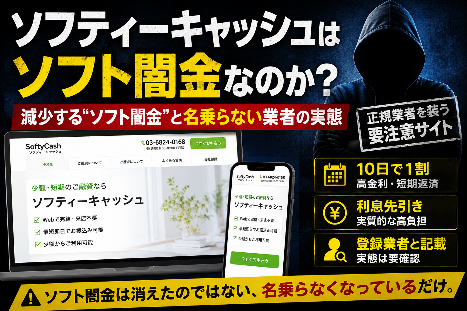 ソフティーキャッシュはソフト闇金なのかを検証する記事のアイキャッチ画像。10日で1割、利息先引き、正規業者を装う要注意サイトという特徴を示している。