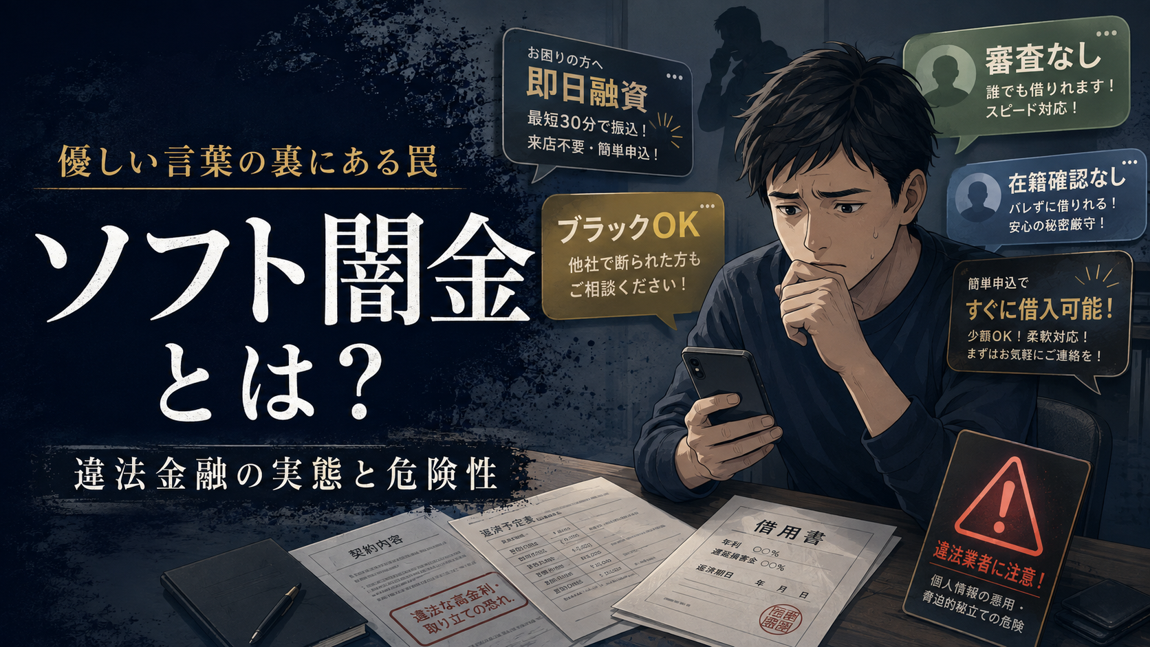 ソフト闇金の危険性を解説するイラスト。スマートフォンで「即日融資」「ブラックOK」「在籍確認なし」などの広告を見ながら不安そうに悩む男性と、契約書や注意喚起の表示が描かれている。